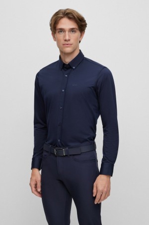 Camisas Hugo Boss Regular-fit In Structured Algodon-blend Hombre Azules Oscuro | 63471-WENC