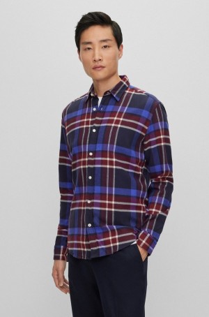 Camisas Hugo Boss Regular-fit In Washed Checked Algodon Hombre Azules Oscuro | 57196-OUPA