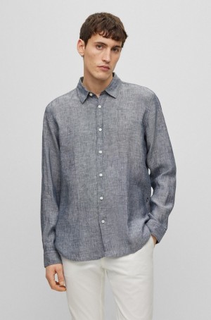 Camisas Hugo Boss Regular-fit Long-sleeved In Linen Chambray Hombre Azules Oscuro | 09417-XLAN