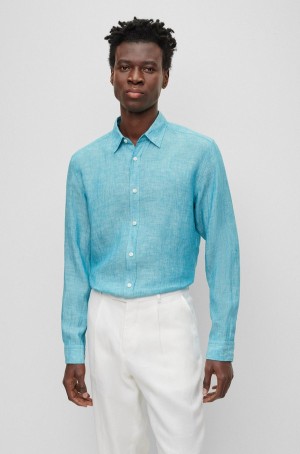 Camisas Hugo Boss Regular-fit Long-sleeved In Linen Chambray Hombre Azules Claro | 20347-CSZO