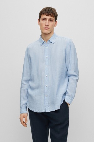 Camisas Hugo Boss Regular-fit Long-sleeved In Linen Chambray Hombre Azules Claro | 38076-AUTV