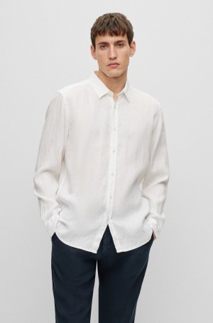 Camisas Hugo Boss Regular-fit Long-sleeved In Linen Chambray Hombre Blancos | 73051-AYEO