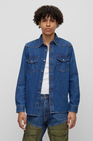 Camisas Hugo Boss Relaxed-fit Denim With Yoke Detail Hombre Azules Oscuro | 01428-JWNY