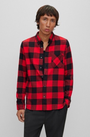 Camisas Hugo Boss Relaxed-fit In Checked Organic-cotton Flannel Hombre Negros Rojos | 80327-CBHO