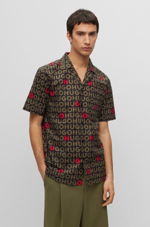 Camisas Hugo Boss Relaxed-fit In Logo-print Algodon Poplin Hombre Verdes Oscuro | 85241-ACMP