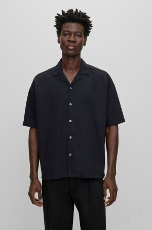 Camisas Hugo Boss Relaxed-fit In Monogrammed Algodon Twill Hombre Negros | 43706-PBTM