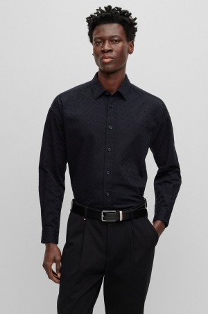 Camisas Hugo Boss Relaxed-fit In Monogrammed Algodon Twill Hombre Negros | 24907-TCPB