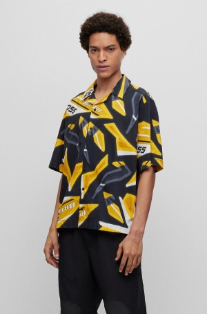 Camisas Hugo Boss Relaxed-fit In Printed Algodon Poplin Hombre Negros Amarillos | 24539-XBCV