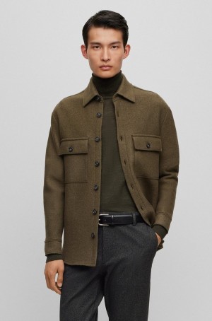 Camisas Hugo Boss Relaxed-fit In Virgin Lana With Kent Collar Hombre Kaki | 78514-DERQ