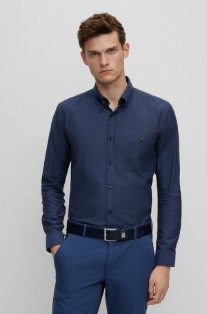 Camisas Hugo Boss Slim-fit Button-down In Oxford Algodon Hombre Azules Oscuro | 03825-QECP