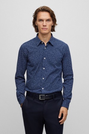 Camisas Hugo Boss Slim-fit In A Printed Algodon Blend Hombre Azules Oscuro | 12067-ELDH