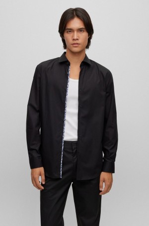 Camisas Hugo Boss Slim-fit In Algodon With Doodle Motif Hombre Negros | 64279-AODR