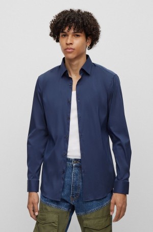 Camisas Hugo Boss Slim-fit In Algodon-blend Poplin Hombre Azules Oscuro | 06421-MXFI