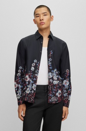 Camisas Hugo Boss Slim-fit In Degradé-floral-print Algodon Lona Hombre Negros | 04578-WGSA
