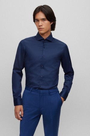 Camisas Hugo Boss Slim-fit In Easy-iron Algodon Twill Hombre Azules Oscuro | 46389-GVOS