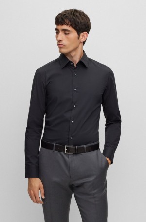 Camisas Hugo Boss Slim-fit In Easy-iron Stretch-cotton Poplin Hombre Negros | 25340-VXIN
