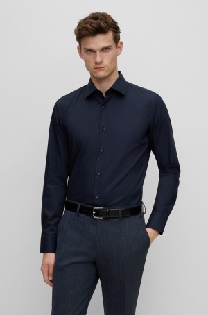 Camisas Hugo Boss Slim-fit In Easy-iron Stretch-cotton Poplin Hombre Azules Oscuro | 59103-BJGX