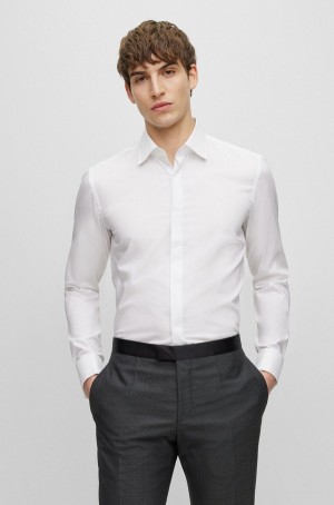 Camisas Hugo Boss Slim-fit In Easy-iron Stretch Algodon Hombre Blancos | 19364-NRFZ