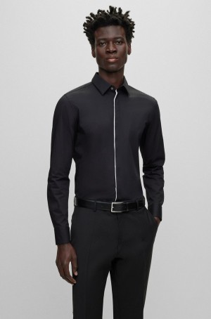 Camisas Hugo Boss Slim-fit In Easy-iron Stretch Algodon Hombre Negros | 67580-HDEO