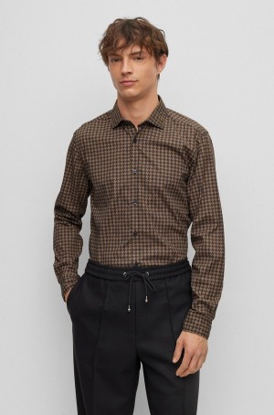 Camisas Hugo Boss Slim-fit In Houndstooth Stretch Algodon Hombre Marrom Oscuro | 69158-NKIL