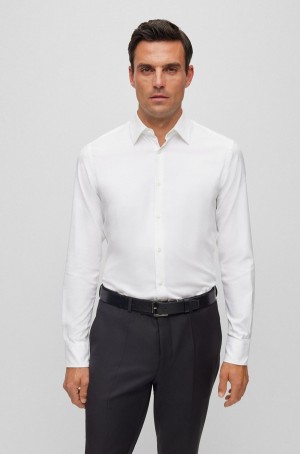 Camisas Hugo Boss Slim-fit In Italian-made Structured Stretch Algodon Hombre Blancos | 60937-FRVZ