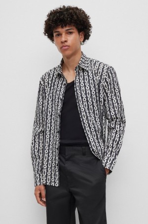 Camisas Hugo Boss Slim-fit In Logo-print Stretch Algodon Hombre Negros | 24710-HAKJ