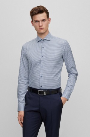 Camisas Hugo Boss Slim-fit In Micro-structured Stretch Algodon Hombre Azules | 35720-AZOE