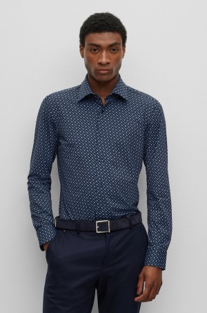 Camisas Hugo Boss Slim-fit In Monogram-print Performance-stretch Fabric Hombre Azules Oscuro | 72938-NHTM