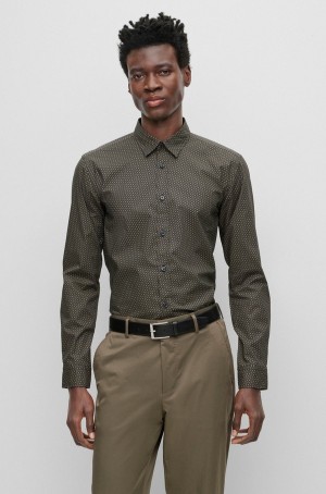 Camisas Hugo Boss Slim-fit In Monogram-print Stretch-cotton Poplin Hombre Verdes Oscuro | 93106-BHJU