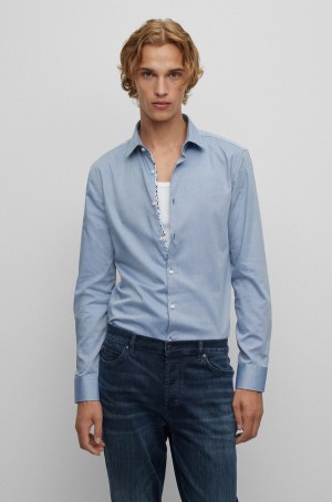 Camisas Hugo Boss Slim-fit In Oxford Algodon With Doodle Motif Hombre Azules Claro | 39102-WEAS