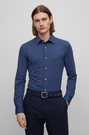 Camisas Hugo Boss Slim-fit In Patterned Performance-stretch Fabric Hombre Azules Oscuro | 75892-NXWV