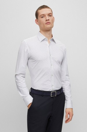 Camisas Hugo Boss Slim-fit In Patterned Performance-stretch Fabric Hombre Blancos | 97685-PHBZ