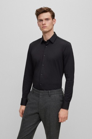 Camisas Hugo Boss Slim-fit In Performance-stretch Algodon-blend Hombre Negros | 68192-TAOK
