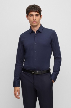 Camisas Hugo Boss Slim-fit In Performance-stretch Algodon-blend Hombre Azules Oscuro | 76345-TCUE