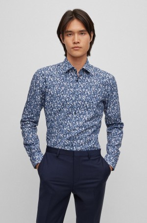 Camisas Hugo Boss Slim-fit In Printed Algodon Poplin Hombre Azules Oscuro | 83175-ETCO