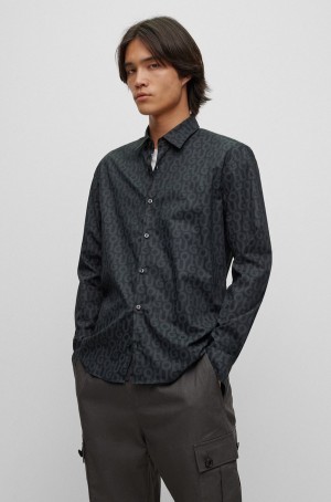 Camisas Hugo Boss Slim-fit In Printed Algodon Poplin Hombre Grises Oscuro | 90348-GVPI