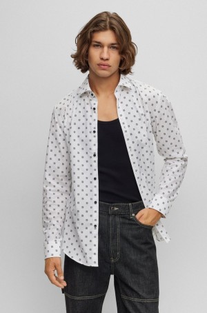 Camisas Hugo Boss Slim-fit In Printed Algodon Lona Hombre Blancos | 74320-VZIF