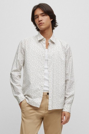 Camisas Hugo Boss Slim-fit In Printed Algodon Poplin Hombre Blancos | 21604-GEDL