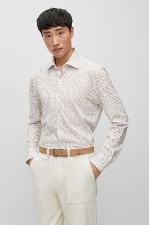 Camisas Hugo Boss Slim-fit In Printed Algodon With Kent Collar Hombre Beige | 58493-HSUW