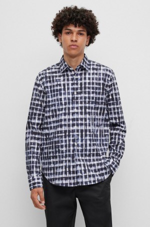Camisas Hugo Boss Slim-fit In Printed Organic Algodon With Stretch Hombre Azules Oscuro | 62491-EGUH