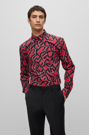 Camisas Hugo Boss Slim-fit In Printed Organic Algodon With Stretch Hombre Rojos | 96437-ZMFR