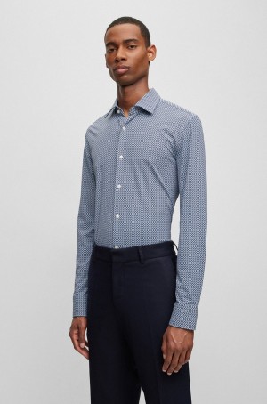 Camisas Hugo Boss Slim-fit In Printed Performance-stretch Fabric Hombre Azules | 83429-VNMU