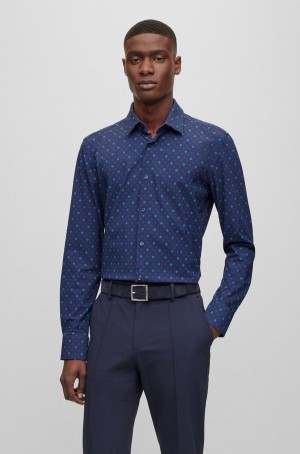 Camisas Hugo Boss Slim-fit In Printed Performance-stretch Fabric Hombre Azules | 78423-MFGK