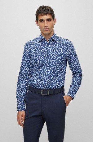 Camisas Hugo Boss Slim-fit In Printed Stretch Algodon Hombre Azules Oscuro | 60593-NKZT