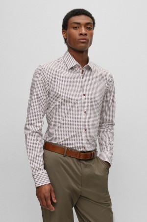 Camisas Hugo Boss Slim-fit In Printed Stretch Algodon Hombre Blancos | 31987-VPLJ