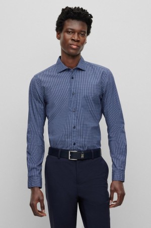 Camisas Hugo Boss Slim-fit In Printed Stretch Algodon Hombre Azules Oscuro | 61205-EKPO