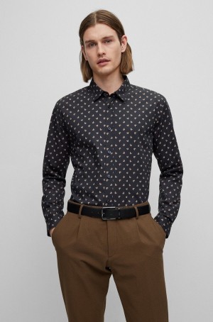 Camisas Hugo Boss Slim-fit In Printed Stretch Algodon Hombre Negros | 68951-JXNM
