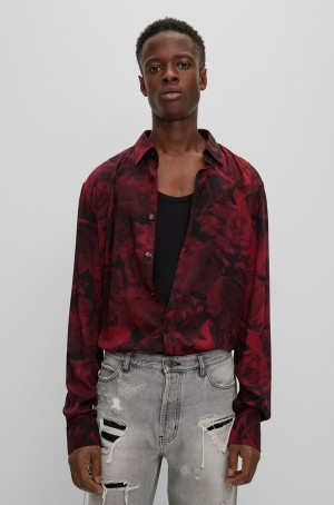 Camisas Hugo Boss Slim-fit In Rose-print Lona Hombre Rojos Oscuro | 79236-PHUD
