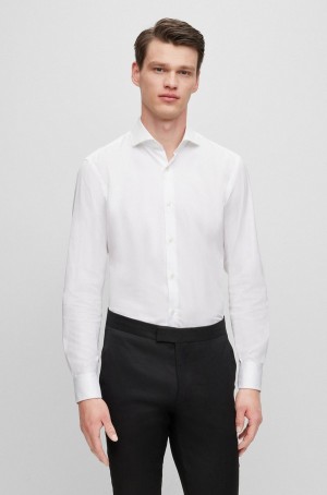 Camisas Hugo Boss Slim-fit In Structured Organic Algodon Hombre Blancos | 97214-ROPB