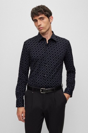 Camisas Hugo Boss Slim-fit With Flock-print Monograms Hombre Negros | 24859-ZRWG